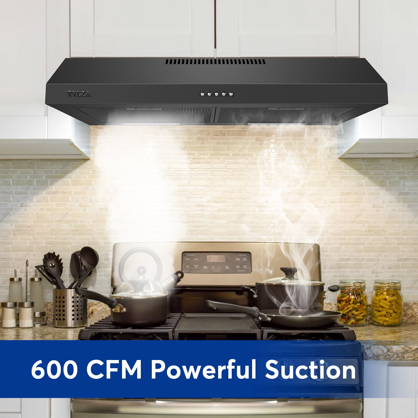 Tylza 30" 600 CFM Stainless Steel Kitchen Under Cabinet Range Hood with 2 x 2W LED Lights and 2 Replacement Charcoal Filter