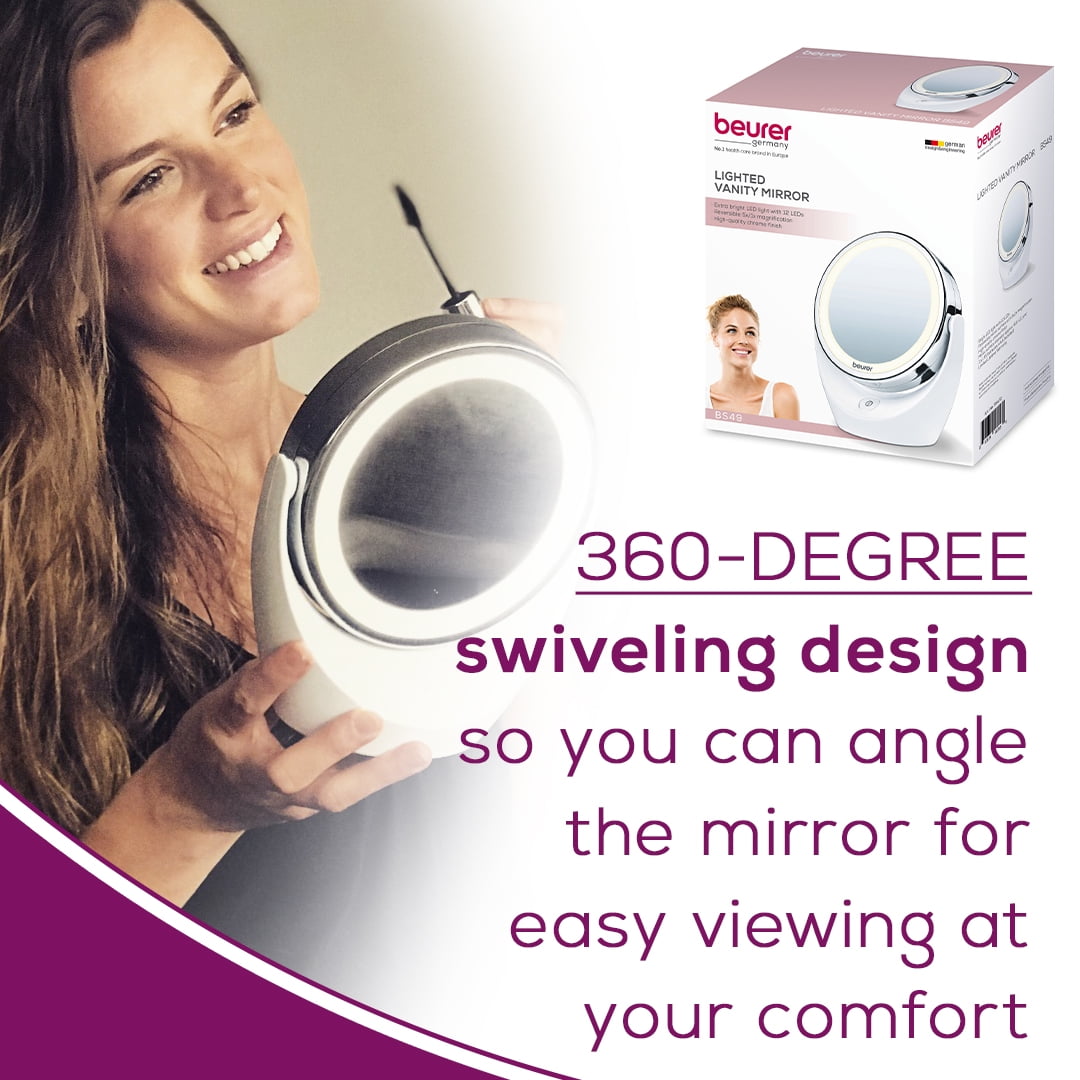 Beurer 5x Magnifying Cosmetic Vanity, Illuminated LED, Double Sided Makeup Mirror with 360 Degree Swivel Rotation, BS49