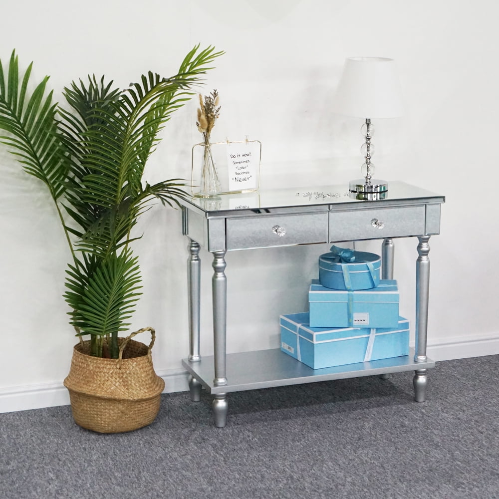 Lowestbest 2 Drawers Mirror Table Dressing Table Console Table, Console Table with Drawer Bottom Shelf & Large Tabletop, White Lowestbest 2 Drawers Mirror Table Dressing Table Console Table, Console Table with Drawer Bottom Shelf & Large Tabletop, White