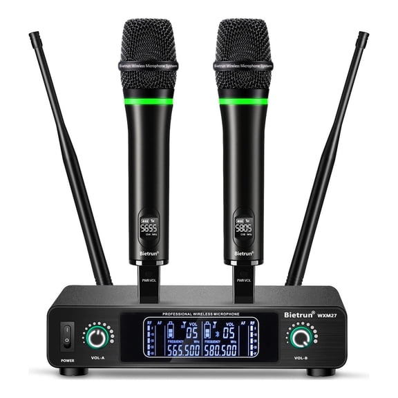 Bietrun Wireless Microphone, Rechargeable Metal Dual UHF Cordless Dynamic Handheld Microphone System for Home Karaoke, Meeting, Party, Church, DJ, Wedding(UHF 240ft Range)(Receiver with Bluetooth)