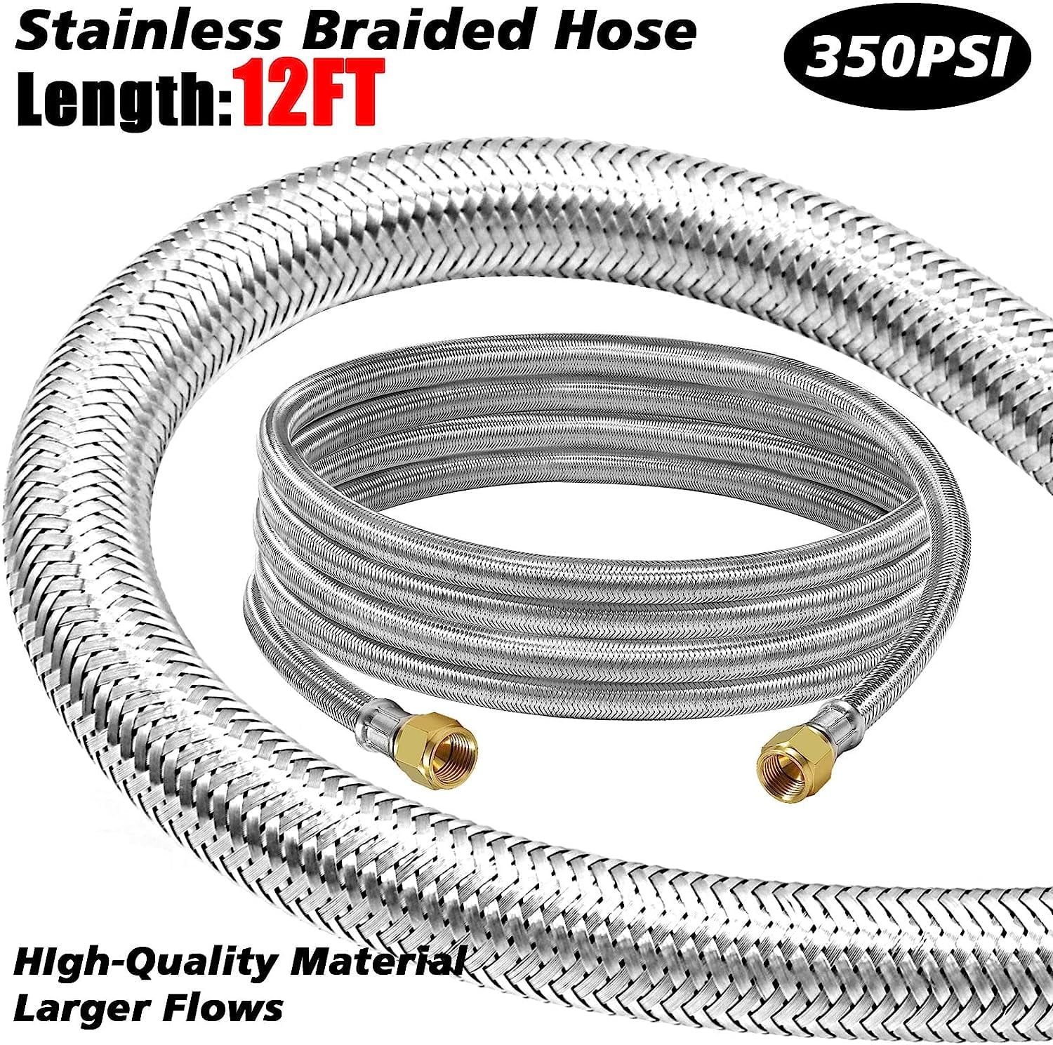 12 Feet High Pressure Braided Propane Hose Extension with Conversion Coupling 3/8" Flare to 1/2" Female NPT, 1/4" Male NPT, 1/8" NPT Male,3/8" Male NPT, 3/8" Male Flare for BBQ Grill, Fire Pit, Heate