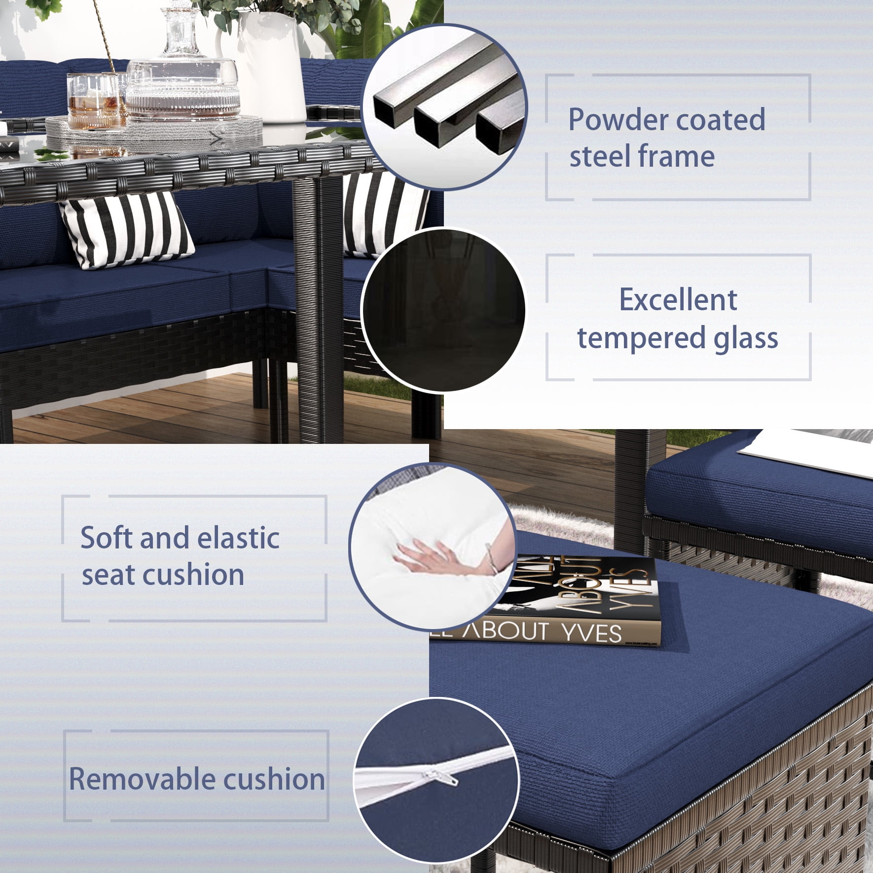 Leumius Patio Furniture Set,7-Piece Outdoor Sectional Sofa with Tempered Glass Table,Rattan Outdoor Conversation Set for Backyard & Porch,Garden,Blue