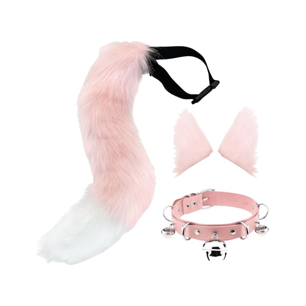 Conjunto de orejas y cola postizas para disfraz de cosplay, tocado de cuero sintético tipo gargantilla. Rosa