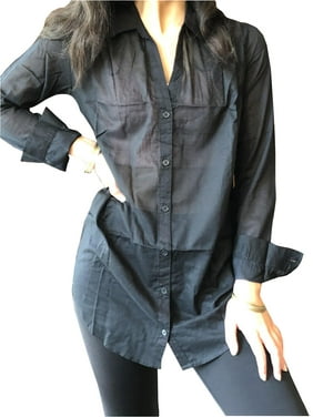 Mogul Women Soft Cotton Voile Casual Shirt Black Button Front Blouse, Bohemian Summer Blouse M