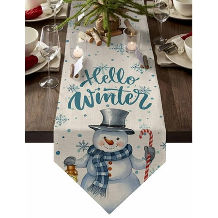 

Table Runner Dresser Scarves Winter Christmas Snowman Lantern Cotton Linen Burlap Table Cover Blue Snowflake on Burlap Table Runners for Family Kitchen Dining Holiday Party Banquet Decor