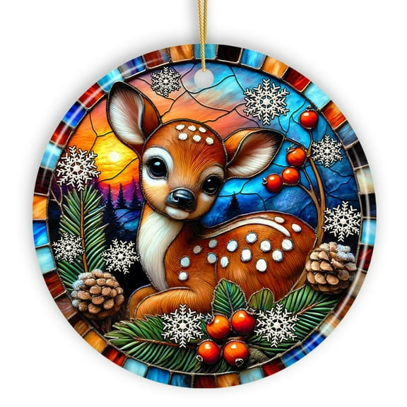 Charming Fawn in Snowy Sunset Ornament, Delightful Woodland Scene for Christmas Decor