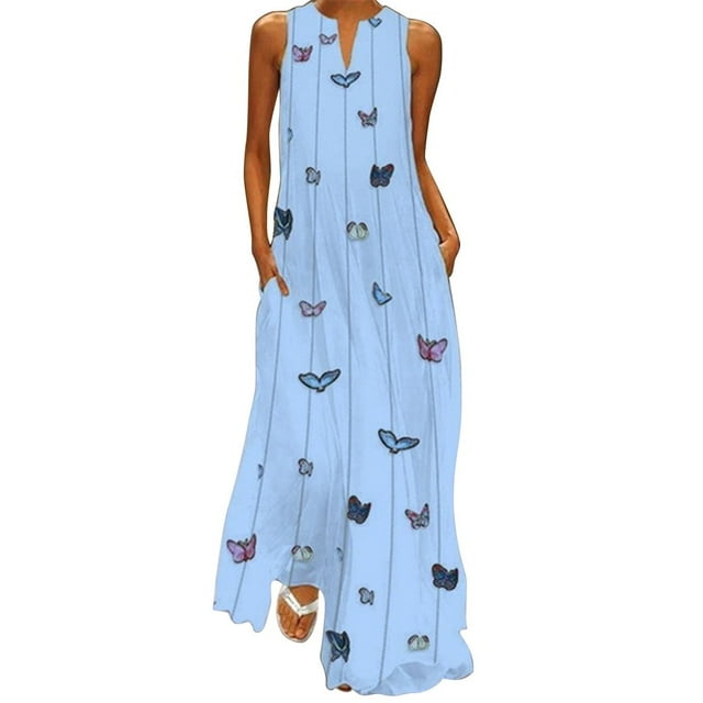 BJYX Robe Femme Décontractée Ample Sans Manches Imprimé Papillon Longue Robe Vintage Imprimée Col en V avec Poche Robe d'Été Bohème