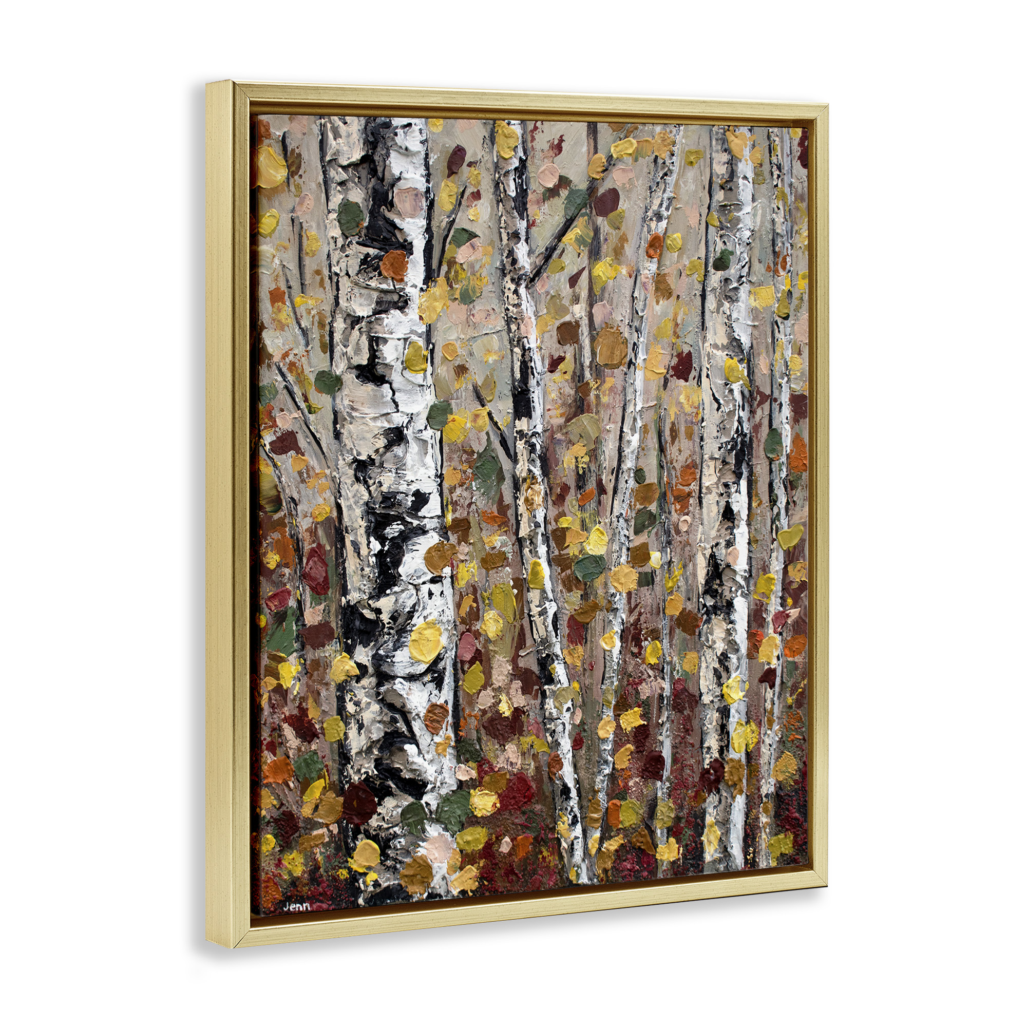 Stupell Industries Autumn Birch Trees Abstract Leaves Landscape Painting Gold Floater Framed Art Print Wall Art
