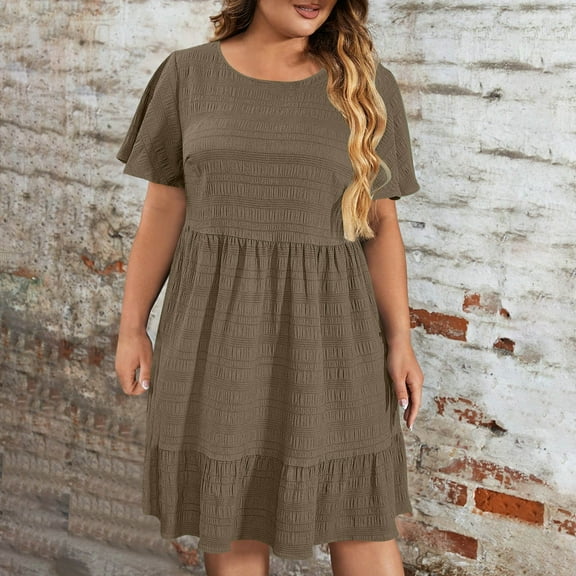 LIBRCLO Summer Dresses for Women Plus Size 2026 Casual Solid Short Sleeved Crew Neck Dress Summer Comfort Loose Dresses