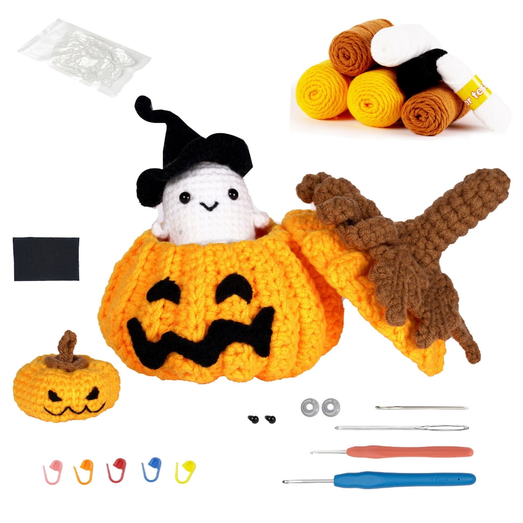 Halloween Pumpkins Crochet Set with Step-by-Step Instruction, Crochet Hook, Yarns, Knitting Needle, Beginner Crochet Set
