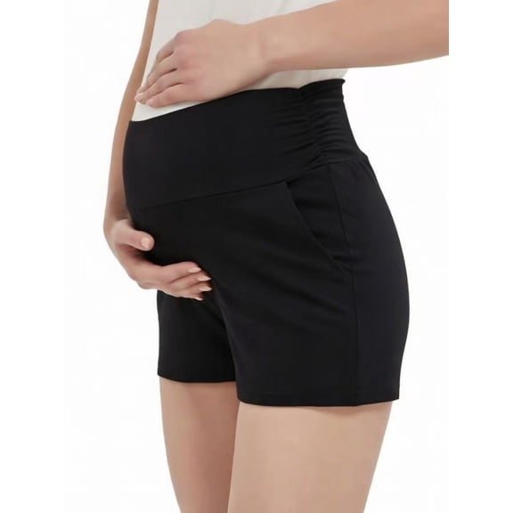 Yawrut Maternity Yoga Shorts High Waist Over Bump, Soft Stretchy Pregnancy Lounge Shorts with Pockets
