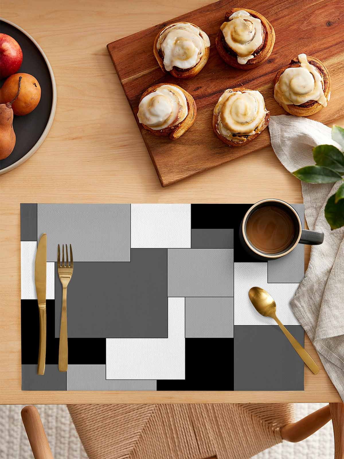 Black Grey Placemats Set of 4, Middle Century Irregular Geo Abstract Art Placemats for Dining Table, Place Mats for Kitchen Tabletop, Waterproof Wipeable Dining Table Mats Set