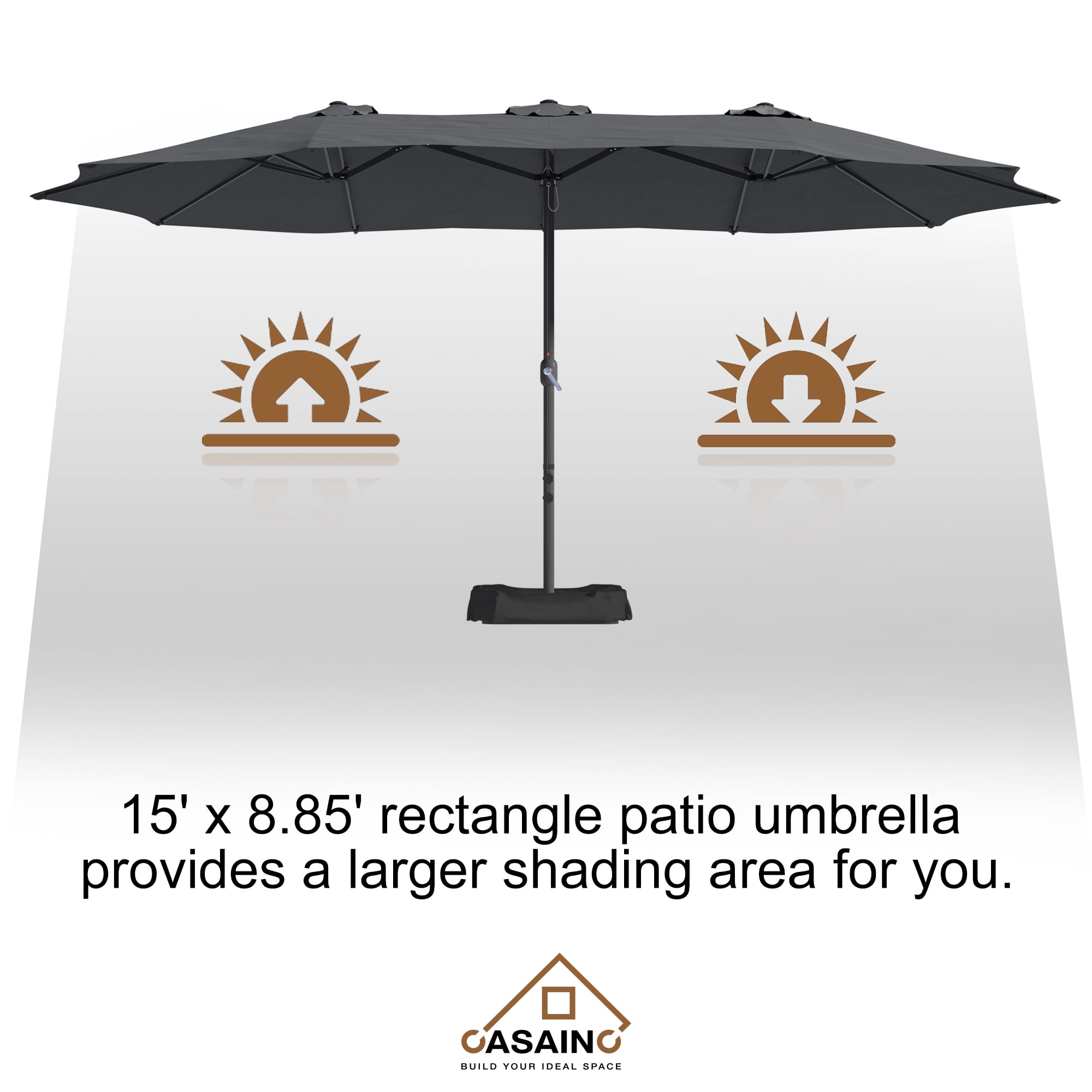CASAINC 15 ft. Market Patio Umbrella Double-Sided Twin Large Patio Umbrella with Base in Dark Gray