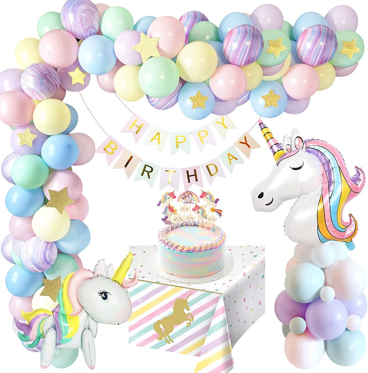 AOWEE Unicorn Party Decorations, 3D Unicorn Theme Balloon Arch with Purple Agate Balloons Unicorn Tablecloth for Girl 1st 2nd 3rd Birthday Baby Shower