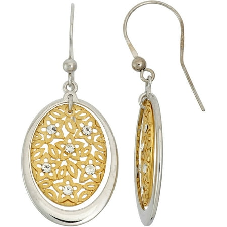 Giuliano Mameli Crystal Accent 14kt Gold-Plated Sterling Silver Matte-Finished Oval Star Pattern White Polished Frame Drop Earrings