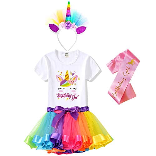 Unicorn Tutu Dress Shirt & Satin Sash Headband Little Girls Unicorn Birthday Party Outfit 