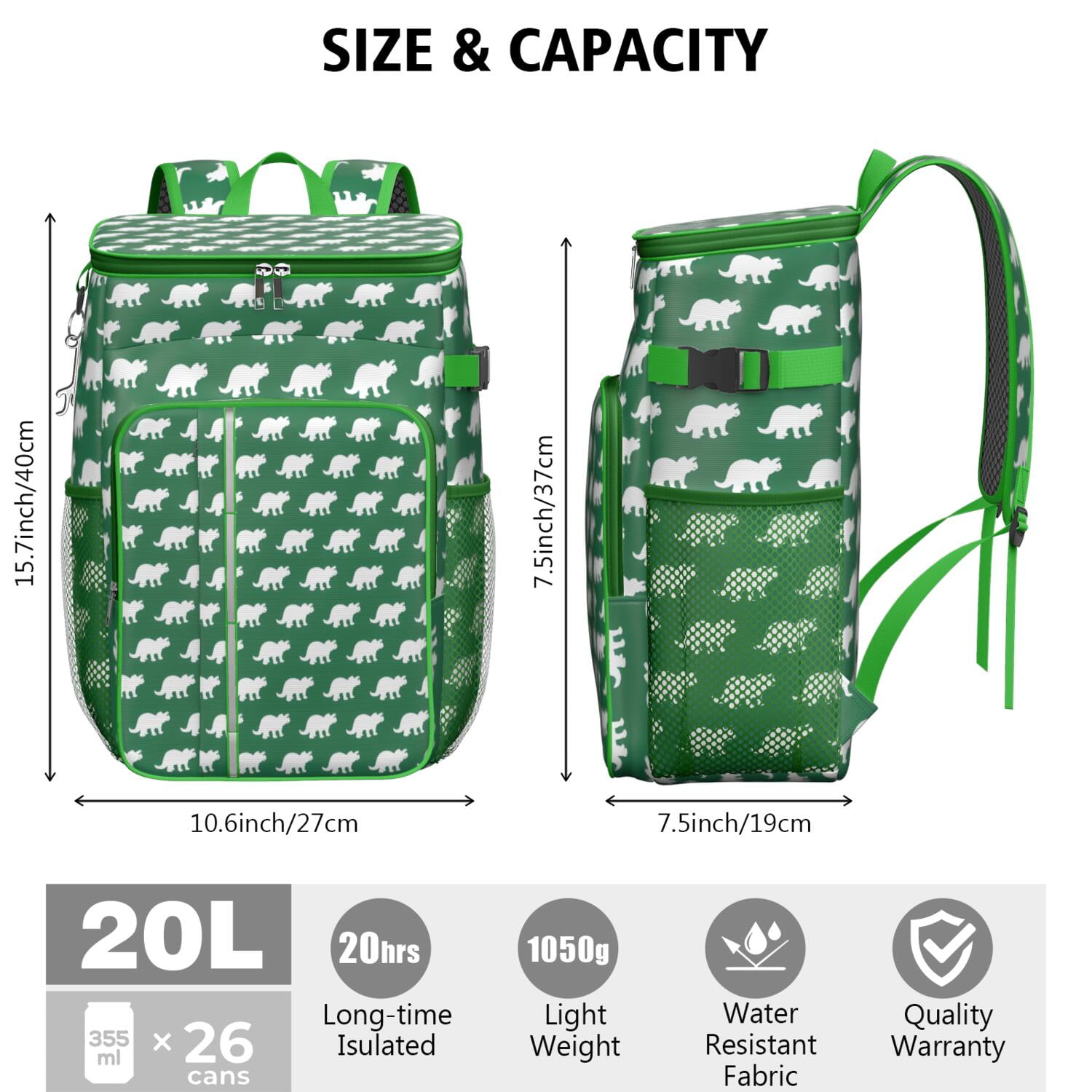 Travel Cooler Bag - Green Dinosaurs Pattern Camping Beer Cooler Backpack with Bottle Opener- Waterproof Insulated Picnic Backpacks - Cooler Bag for Beach