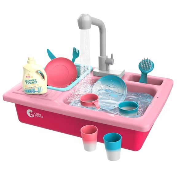 CUTE STONE Kids Play Kitchen Sink Toy with Running Water, Color Changing Sink Playset with Toy Food & Play Kitchen Accessories, Role Play Dishwashing Toy for Boys & Girls