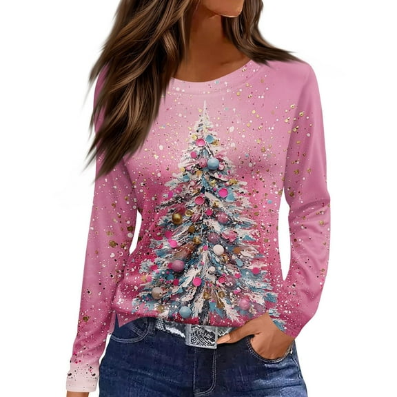 NMMUED Womens Christmas Shirts Christmas Tunics for Women Blouses for Women Casual Christmas Womens Tops Long Sleeve Tops for Women Christmas Long Sleeve Shirt Women Light Pink L