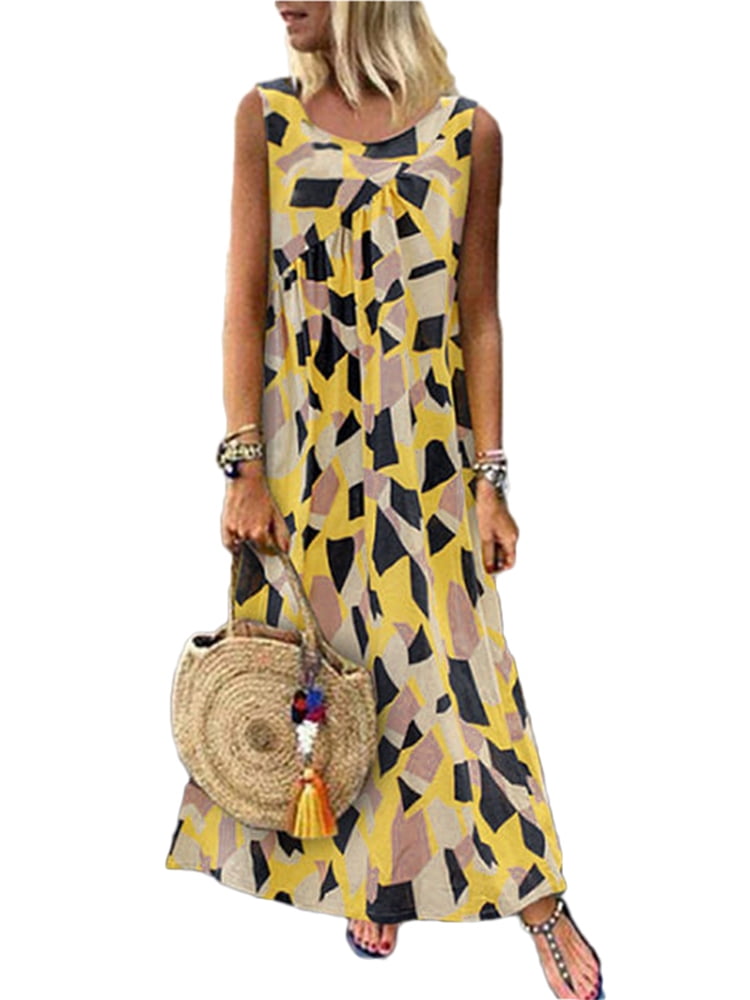 VONDA S5XL Plus Size Women's Cotton Linen Sleeveless Printed Dress