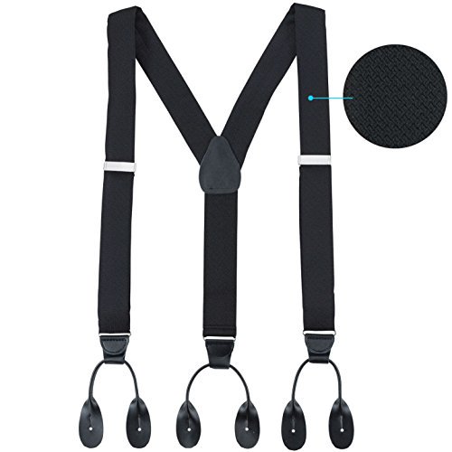 Hold'Em 100% Silk Suspenders For Men Y - Back Fancy Solid Button End Dress Suspender Made in USA - Many Colors and Designs Perfect for Tuxedo - Black Boca Raton XL
