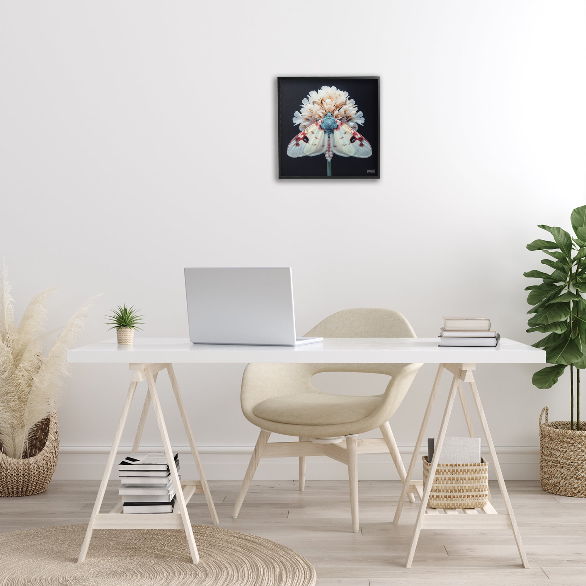 Stupell Industries Moth & White Flowers Animals & Insects Painting Black Framed Art Print Wall Art, 17 x 17