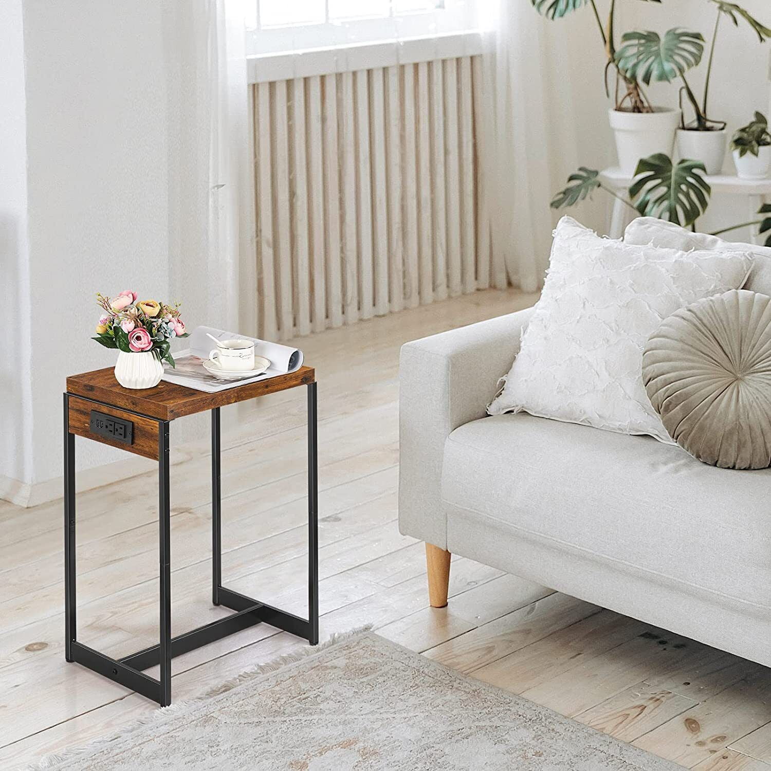 Set of 2 Narrow Bedside Nightstands w/USB Ports for Living Room