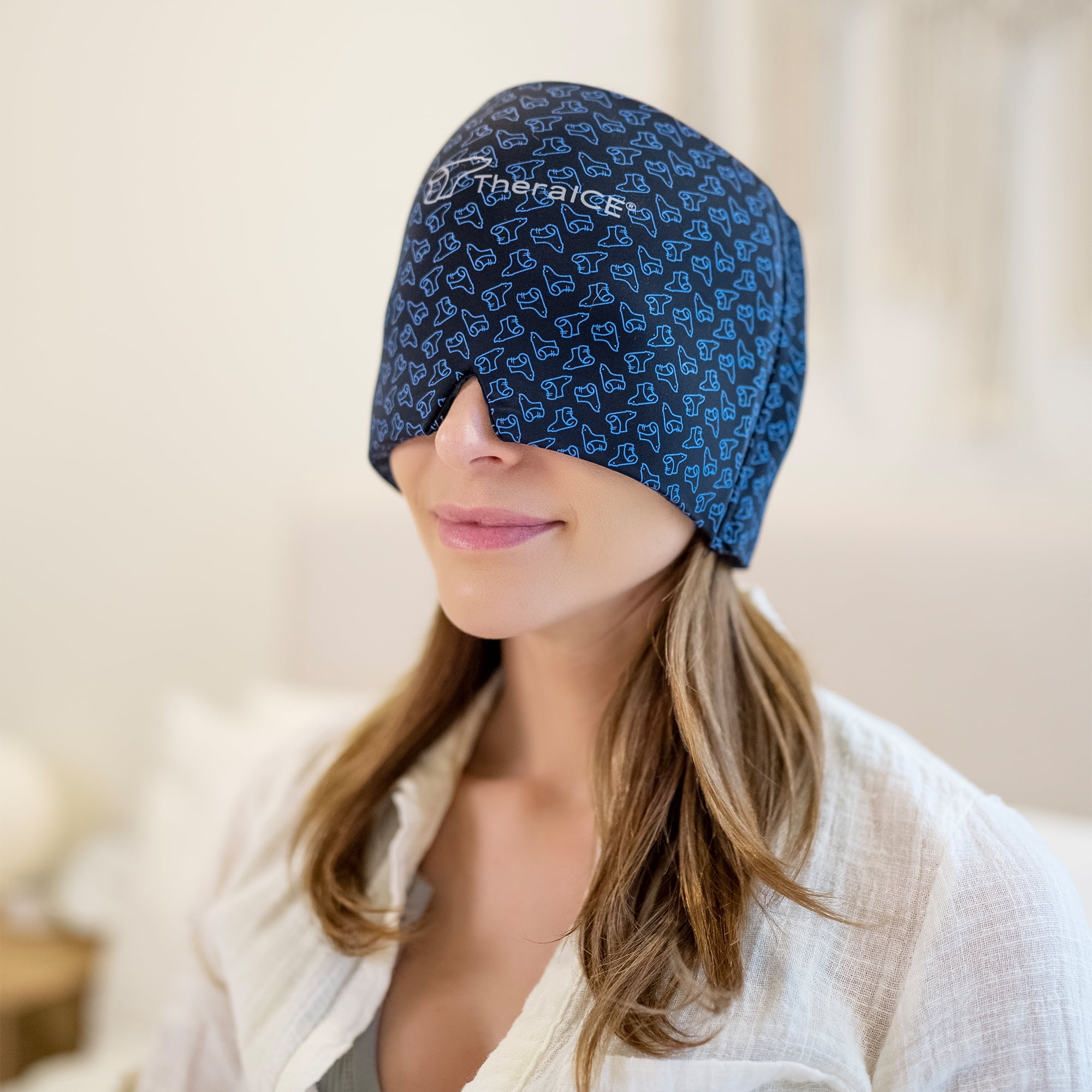 TheraICE Migraine Relief Cap, Soothing Headache Hat Ice Pack Mask, Face Cold Compress Cooling Gel Head Wrap Products for Tension, Stress & Hangover