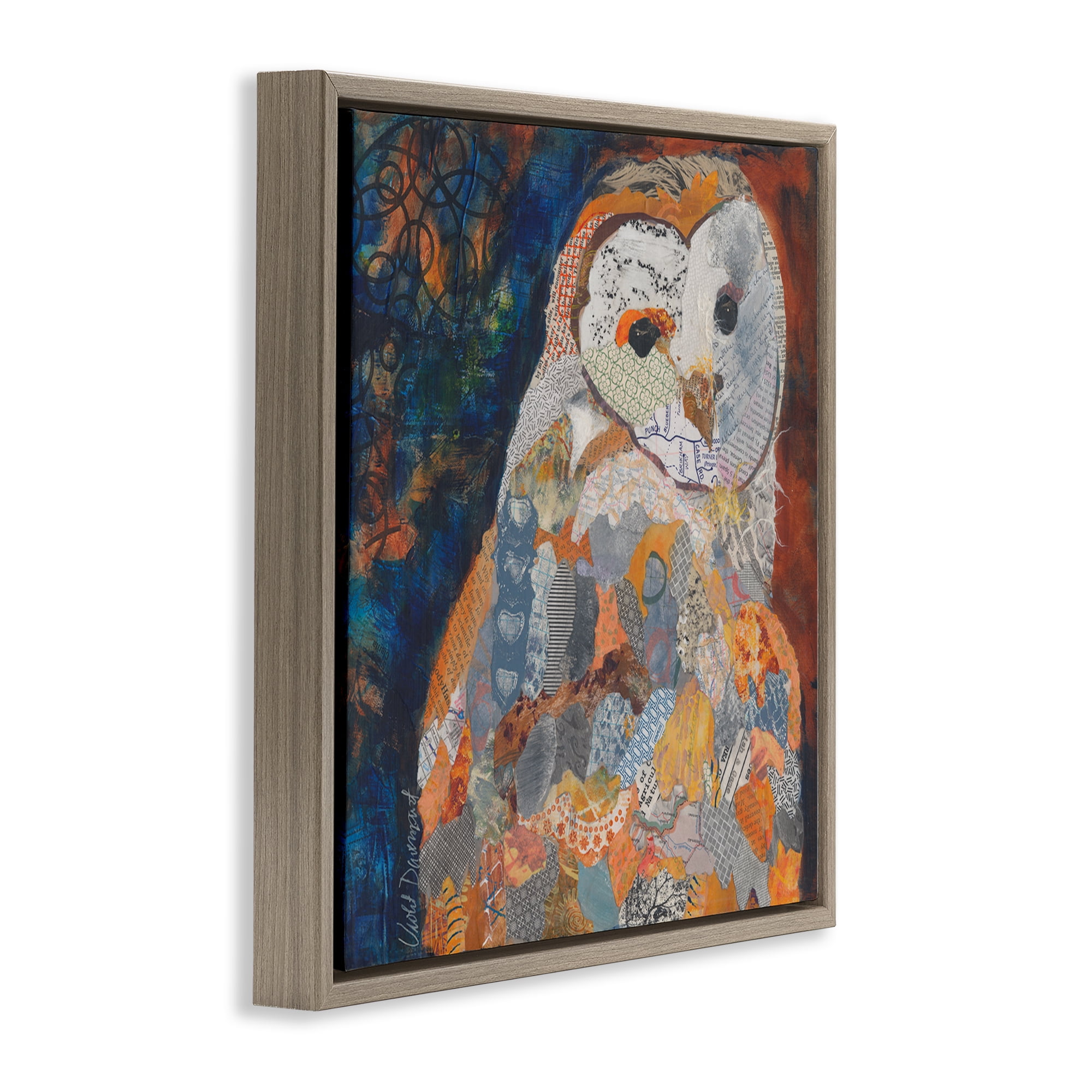 Stupell Industries Collage Patterned Owl Animals Painting Brown Floater Framed Canvas Art Print Wall Art, 18 x 18