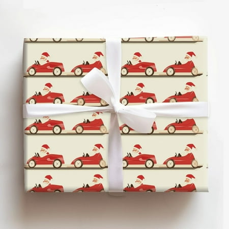 Santa Claus Driving Red Race Car Christmas Wrapping Paper