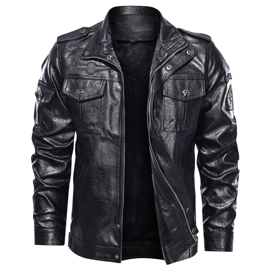 Mens Fashion Jacket Pure Color Zipper Stand Collar Imitation