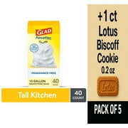Glad ForceFlex Fragrance Free Tall Kitchen Drawstring Trash Bags 40 ct - Pack of 5 & Lotus Biscoff Cookie - 0.2 Oz - 1 ct