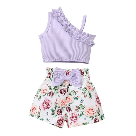 QTOCIO Toddler Girls Outfits, Kids Girl Clothes, Sleeveless Kids Girl Summer Outfits Round Neck Ribbed Floral Knot T-Shirt 2-Piece Set, Purple, 3 Months