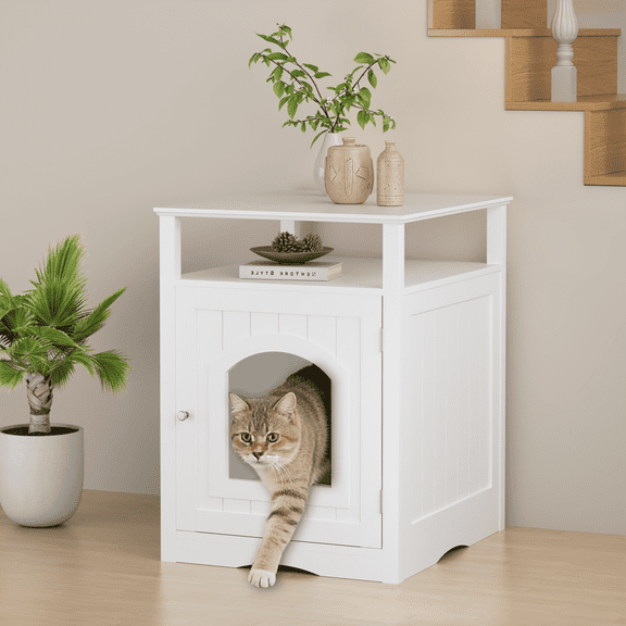 Garmic Modern Cat Condo Side Table with Open Top Shelf & Side Hook, Indoor Wooden Cat House with Enclosed Cabinet,  for Cat Litter Box Enclosure Living Room & Bedroom, White