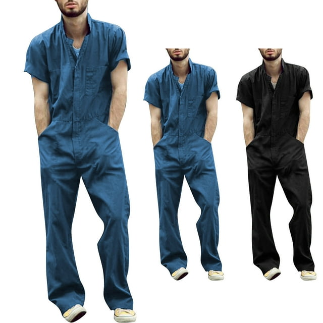 Styesk Pantalon pour Homme Salopette à Fermeture Éclair pour Homme Col à Revers Combinaison de Couleur Unie Complet Mince Respirant Complet