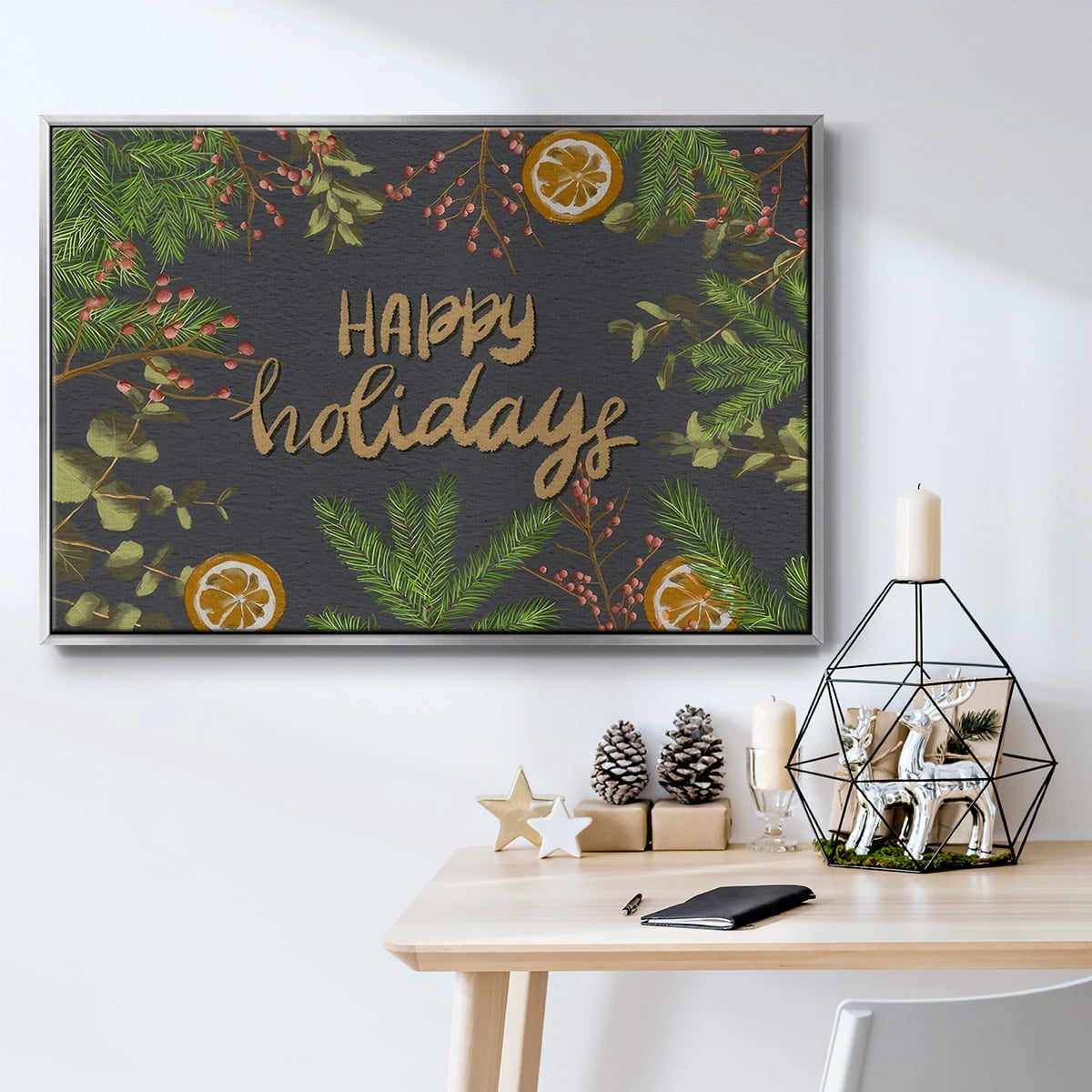 Holiday Sentiment II - Framed Gallery Wrapped Holiday Canvas - 27 x 41 - Silver Frame