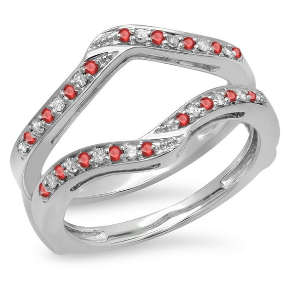 Dazzlingrock Collection 14K Round Ruby & White Diamond Ladies Wedding Band Enhancer Guard Double Ring, White Gold, Size 8