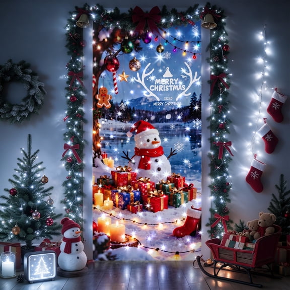Ceevoo Christmas Decorations Indoor, 38"x82" Christmas Door Cover with White Lights for Outdoor Home Wall Party