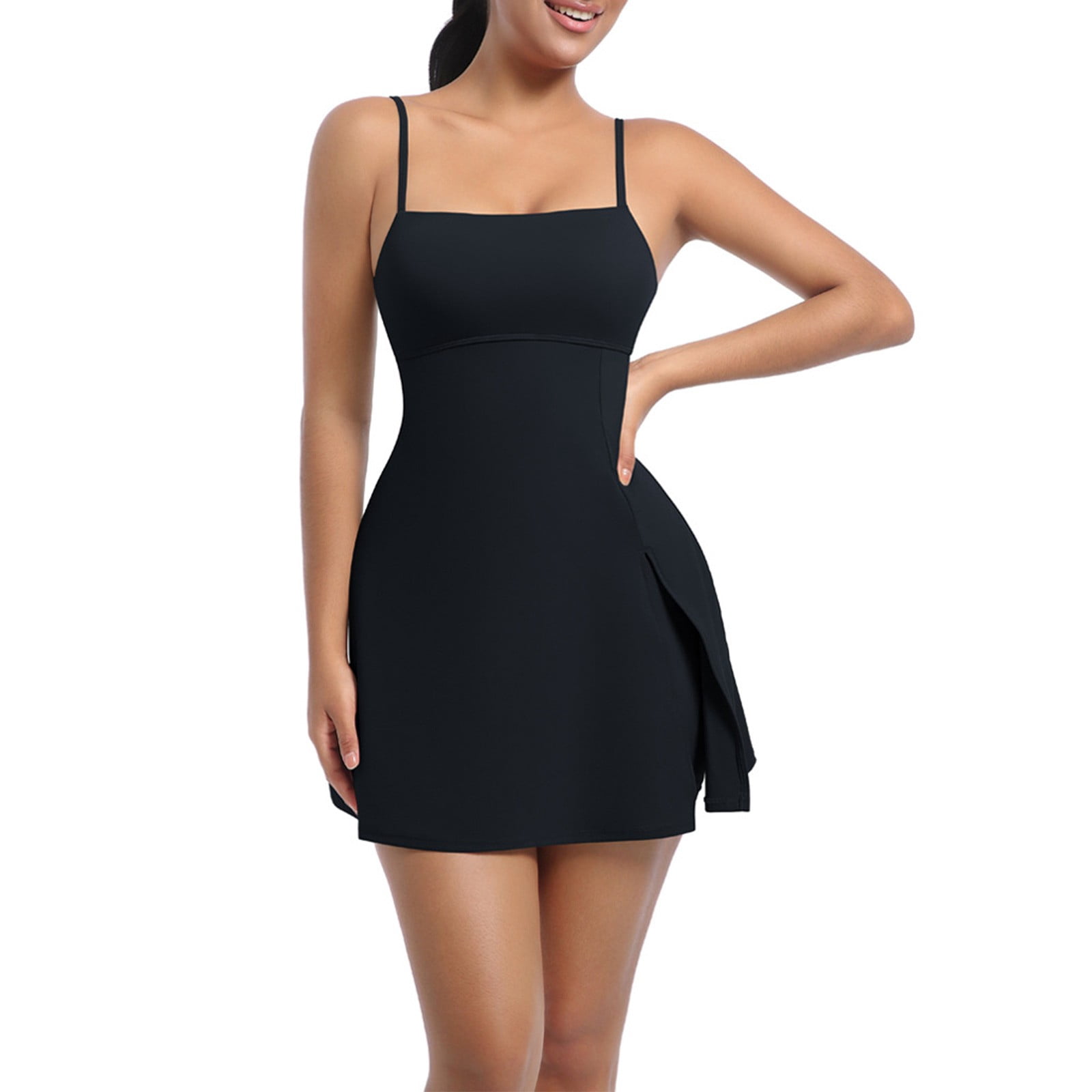 JGGSPWM Womens Square Neck Tennis Dress with Shorts Spaghetti Strap Backless Workout Side Slit Athletic Dresses Black S