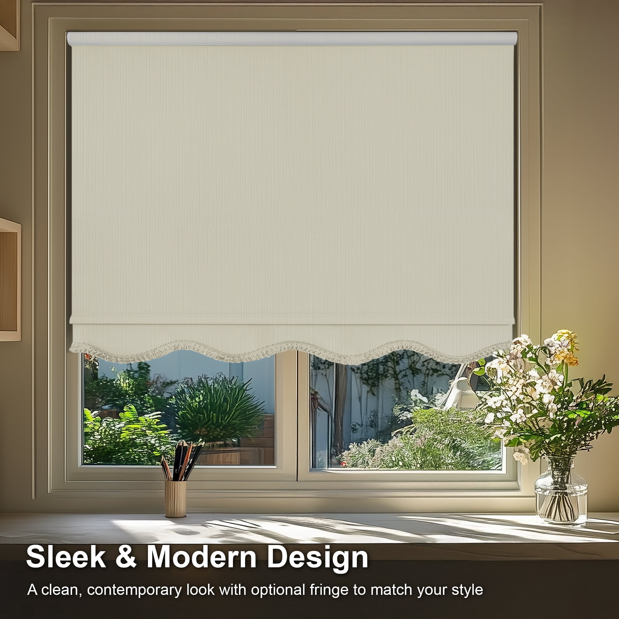 Chicology Textured Blackout Roller Shades with Fringe | Cordless Light Filtering Window Blinds |51"W X 64"H | Decorative Privacy Shades for Home & Office | Easy Install | Ivory