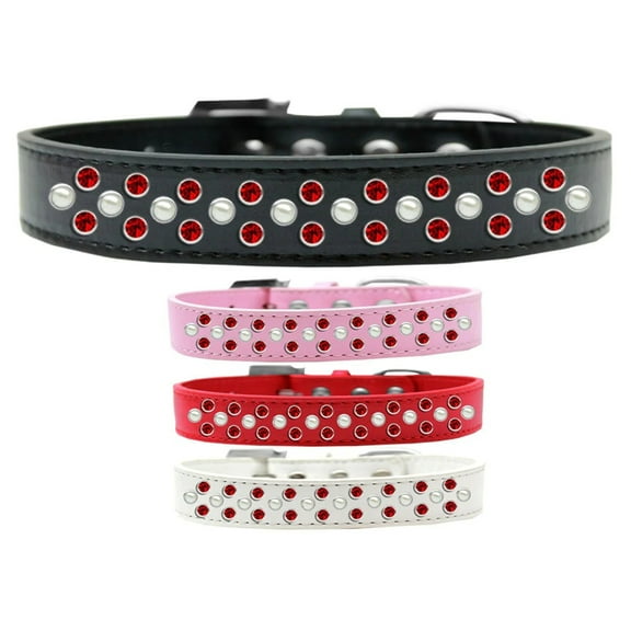 Dog, Puppy Pet Fashion Collar, "Pearl and Red Crystal Rimsets Sprinkles"