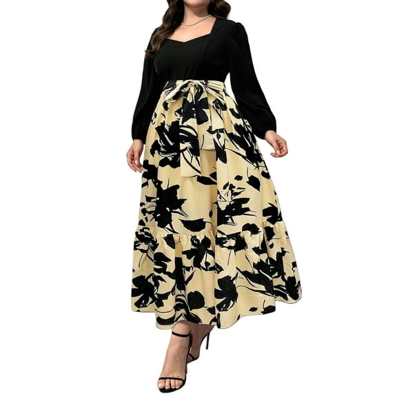 JustVH Women's Plus Boho Floral Chic Print Midi Long Swing Bandage Belted Dress
