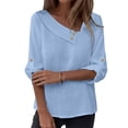 thumbnail image 2 of Casual Ladies Cotton Linen Tunic Tops Asymmetrical Slant V Neck Adjustable 3/4 Sleeve Button Decor Soft Breathable Summer Office Blouses, 2 of 9