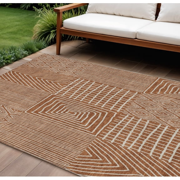 9' X 12' Brown And Beige Geometric Washable Indoor Outdoor Area Rug