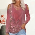 thumbnail image 2 of Lovskoo 2024 Cold Shoulder Tops for Womens Fall Tops Floral Printed Fashion Long Sleeve Shirt Burgundy, 2 of 5