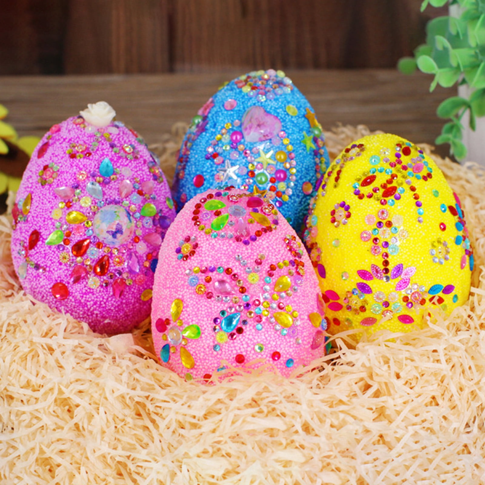 rygai 1 Set Eggs Toy with Rhinestone Stickers DIY Graffiti Toy Hand-painted Snow Polymer Clay Easter Eggs Holiday Gift,Pink