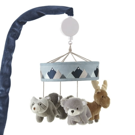 UPC: 0190945039903 | Levtex Baby – Trail Mix Musical Rotating Baby Crib Mobile – Plush Bears Moose and Racoon – Grey Blue Navy Brown White – Nursery Accessories