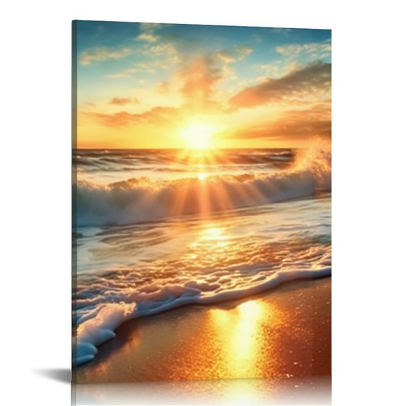 JRXY Beach Canvas Wall Art, Sunset Ocean Waves Modern Artwork Landscape Poster, Canvas Painting Prints Picture for Home Bedroom Bathroom 12x16 in