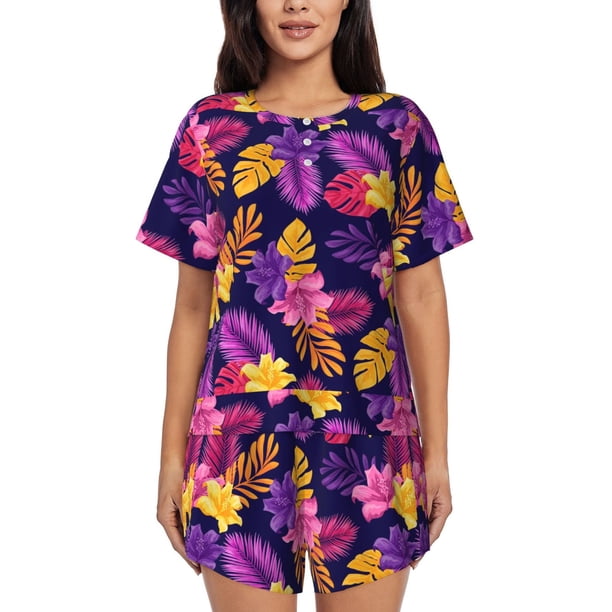 Balery Purple Flower Conjunto de Pijama para Mujer con Estampado, Dos Piezas de Manga Corta y Shorts, Ropa de Dormir Suave con Cuello Redondo y Bolsillos-Small