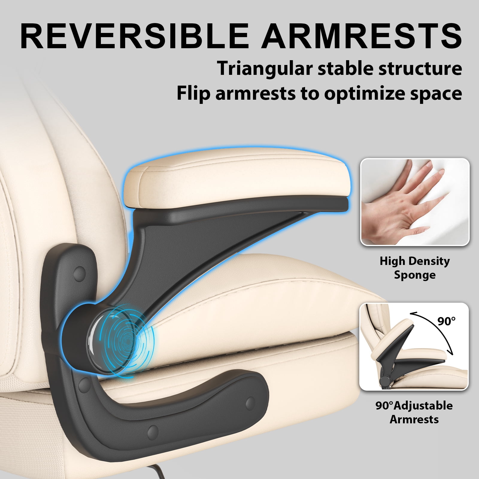 Hovos Big and Tall Office Chair with Flip-up Arms, Ergonomic Home Computer Desk Leather Chair, 360° Swivel Computer Desk Chair, Quiet Nylon Wheels, Beige